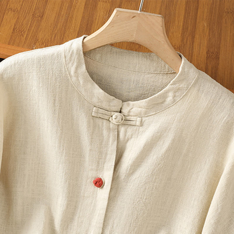 Camicia casual da donna in cotone e poliestere con maniche lunghe e bottoni a rana, Buddha Stones, con tasche - image 3
