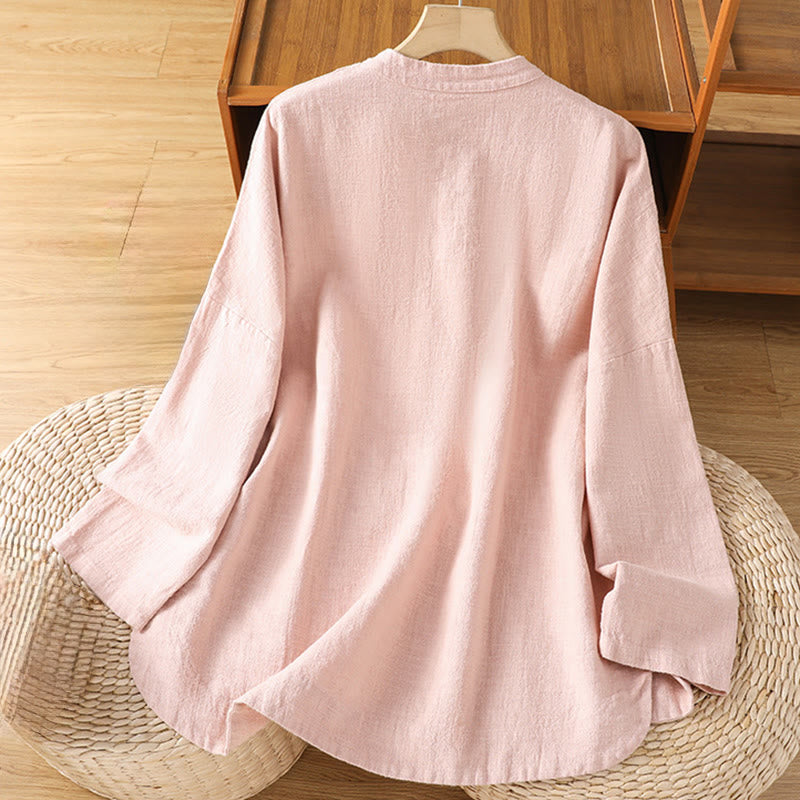 Camicia casual da donna in cotone e poliestere con maniche lunghe e bottoni a rana, Buddha Stones, con tasche - image 9