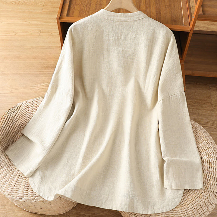 Camicia casual da donna in cotone e poliestere con maniche lunghe e bottoni a rana, Buddha Stones, con tasche - image 1