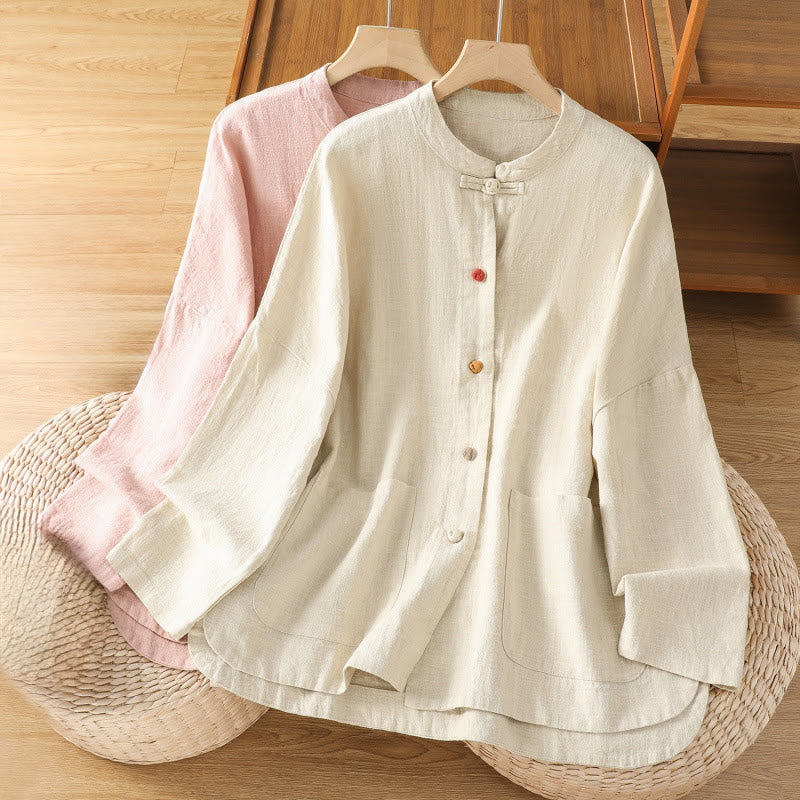Camicia casual da donna in cotone e poliestere con maniche lunghe e bottoni a rana, Buddha Stones, con tasche - image 17