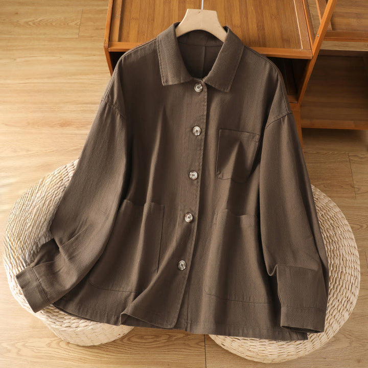 Camicia casual da donna in cotone e poliestere con maniche lunghe e collo alto, Buddha Stones, con tasche - Marrone sella - US14, UK/AU18, EU46 (2XL) - image 0