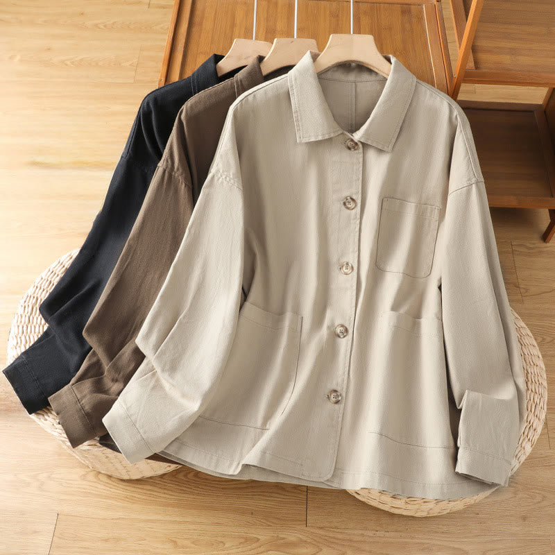 Camicia casual da donna in cotone e poliestere con maniche lunghe e collo alto, Buddha Stones, con tasche - image 28