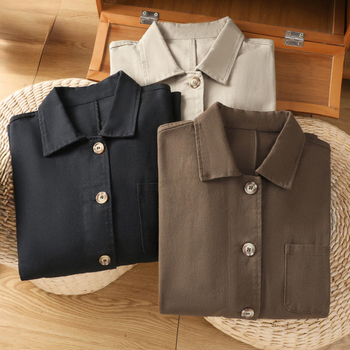 Camicia casual da donna in cotone e poliestere con maniche lunghe e collo alto, Buddha Stones, con tasche - image 29