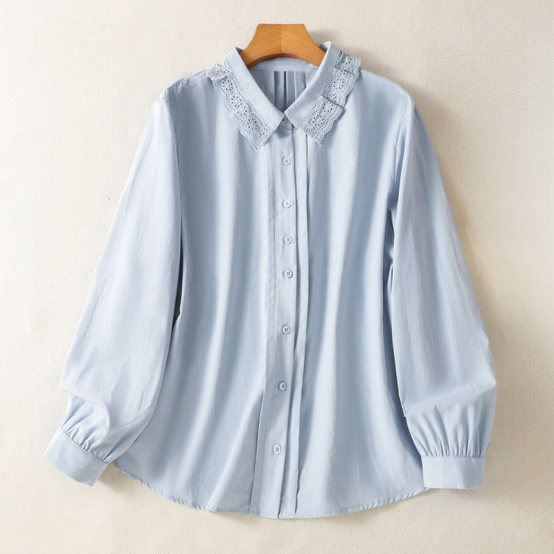 Buddha Stones Camicia casual da donna in cotone con revers in pizzo e maniche lunghe - Azzurro cielo chiaro - US12, UK/AU16, EU44 (2XL) - image 0