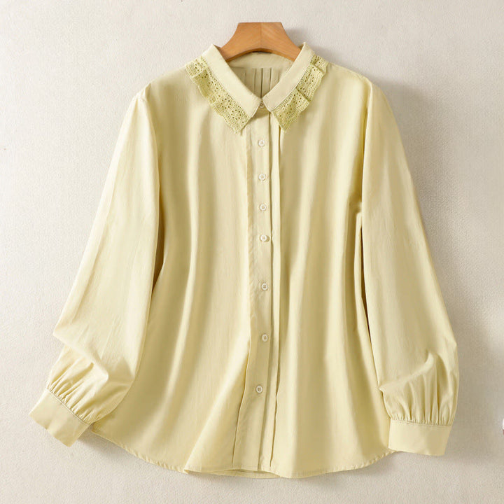 Buddha Stones Camicia casual da donna in cotone con revers in pizzo e maniche lunghe - Cachi - US12, UK/AU16, EU44 (2XL) - image 9