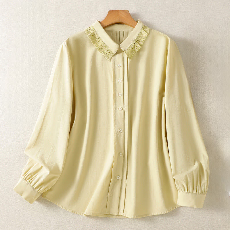 Buddha Stones Camicia casual da donna in cotone con revers in pizzo e maniche lunghe - Cachi - US12, UK/AU16, EU44 (2XL) - image 9