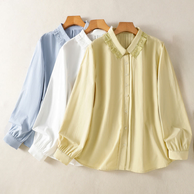 Buddha Stones Camicia casual da donna in cotone con revers in pizzo e maniche lunghe - image 27