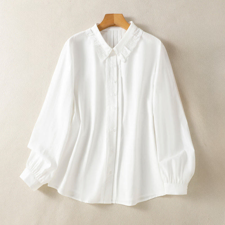 Buddha Stones Camicia casual da donna in cotone con revers in pizzo e maniche lunghe - Bianco - US12, UK/AU16, EU44 (2XL) - image 19