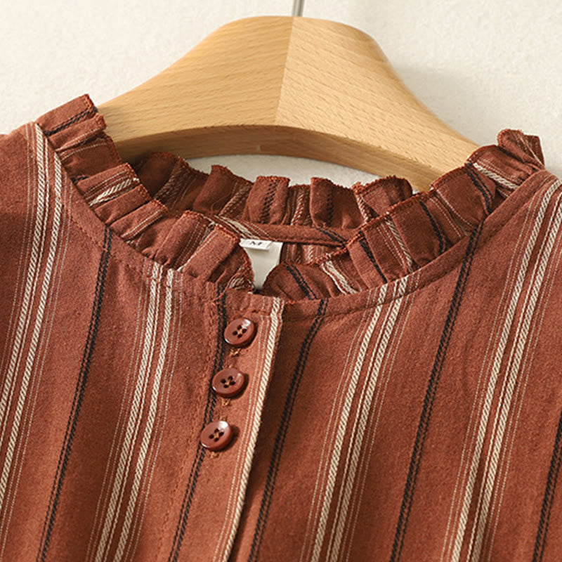 Camicia da donna in poliestere a maniche lunghe con strisce retrò casual Buddha Stones - image 1