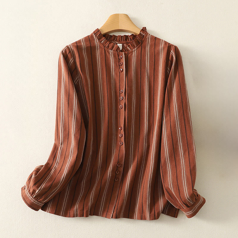 Camicia da donna in poliestere a maniche lunghe con strisce retrò casual Buddha Stones - FireBrick - US12, UK/AU16, EU44 (2XL) - image 0