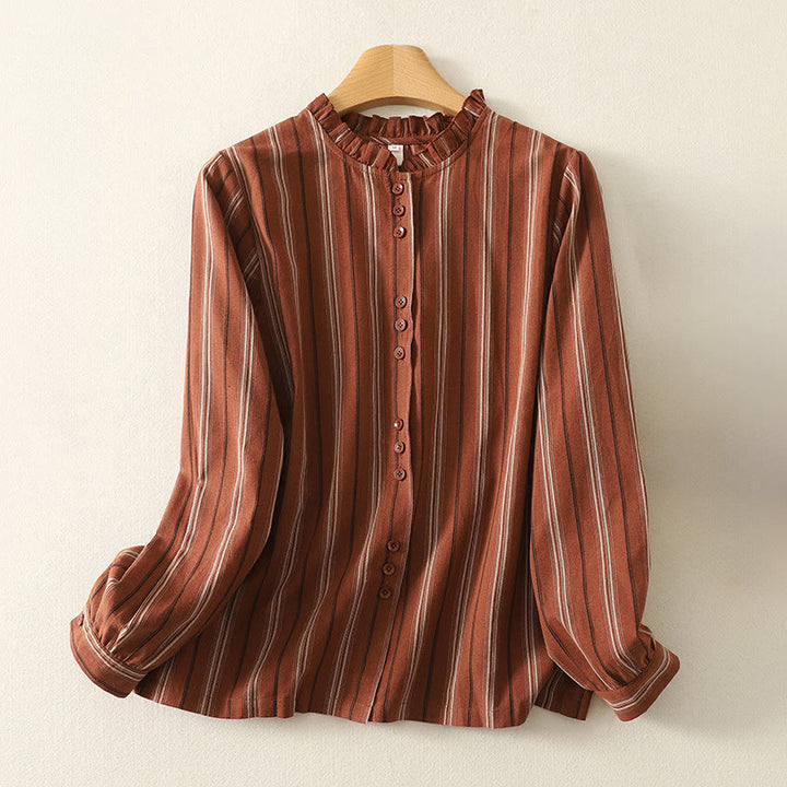 Camicia da donna in poliestere a maniche lunghe con strisce retrò casual Buddha Stones - FireBrick - US12, UK/AU16, EU44 (2XL) - image 0
