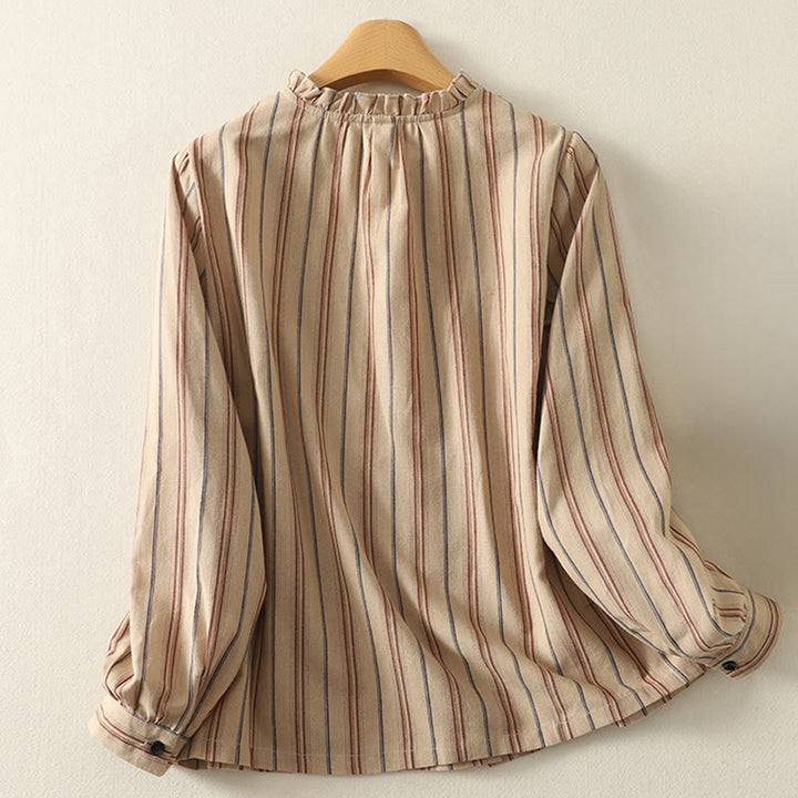 Camicia da donna in poliestere a maniche lunghe con strisce retrò casual Buddha Stones - image 6