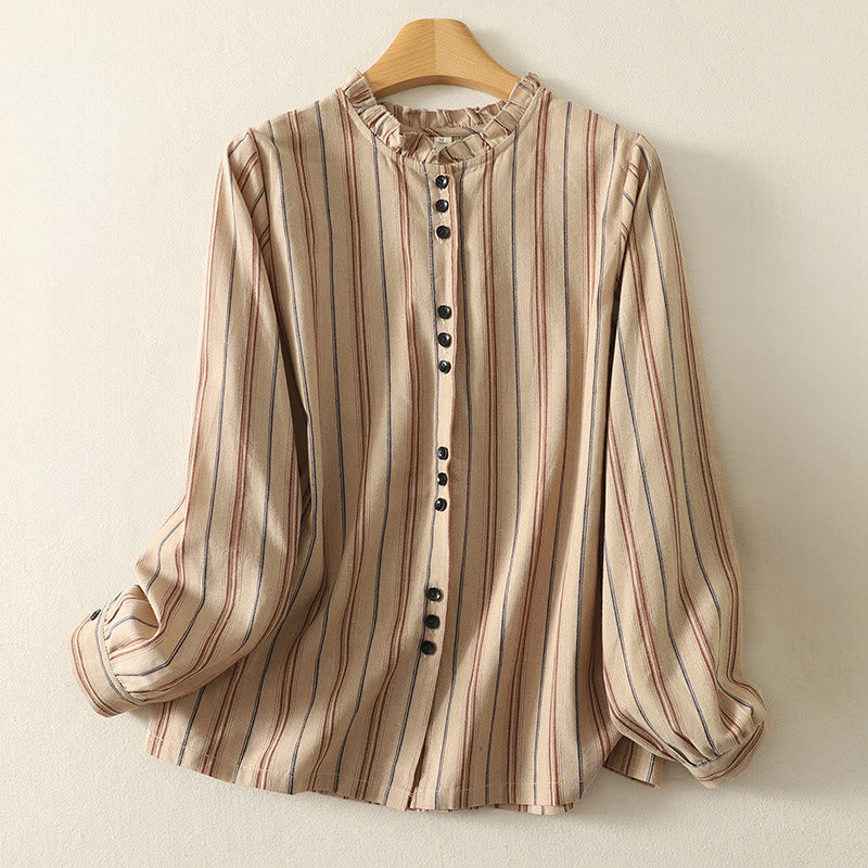 Camicia da donna in poliestere a maniche lunghe con strisce retrò casual Buddha Stones - BurlyWood - US12, UK/AU16, EU44 (2XL) - image 5