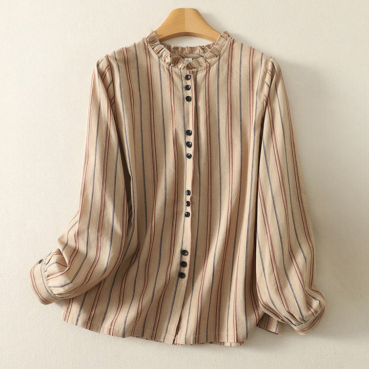 Camicia da donna in poliestere a maniche lunghe con strisce retrò casual Buddha Stones - BurlyWood - US12, UK/AU16, EU44 (2XL) - image 5