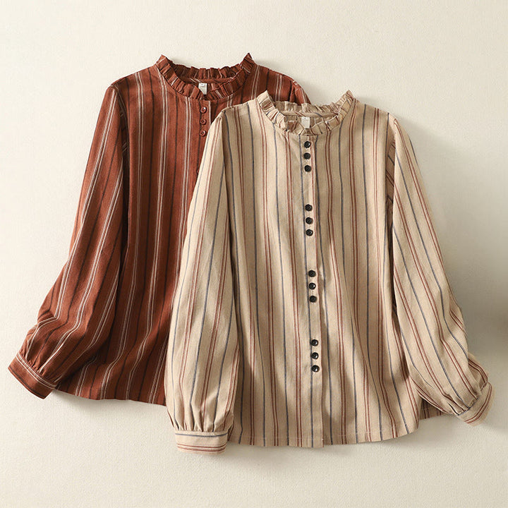 Camicia da donna in poliestere a maniche lunghe con strisce retrò casual Buddha Stones - image 14