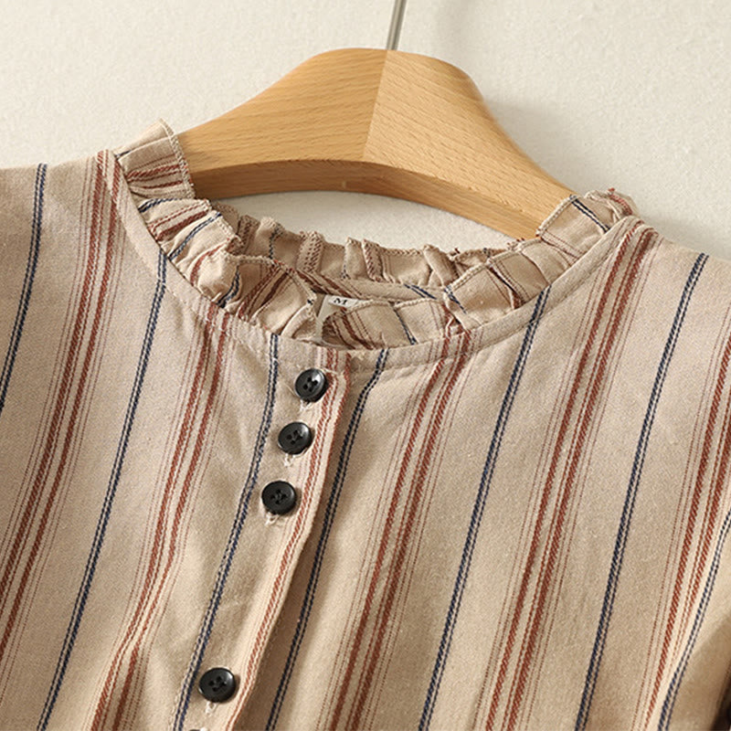 Camicia da donna in poliestere a maniche lunghe con strisce retrò casual Buddha Stones - image 12