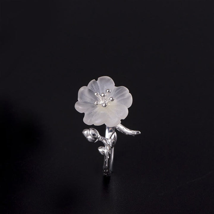 Anello di guarigione regolabile in argento sterling 925 con fiore di cristallo bianco naturale Buddha Stones - image 1