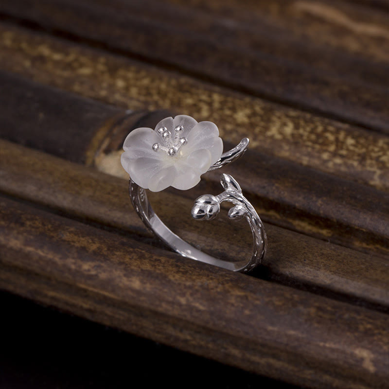 Anello di guarigione regolabile in argento sterling 925 con fiore di cristallo bianco naturale Buddha Stones - Cristallo bianco e argento sterling 925 - image 0