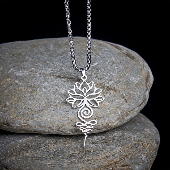 Collana con ciondolo dell'illuminazione in acciaio inossidabile, simbolo del chakra del loto di Buddha Stones Unalome - Argento - image 0