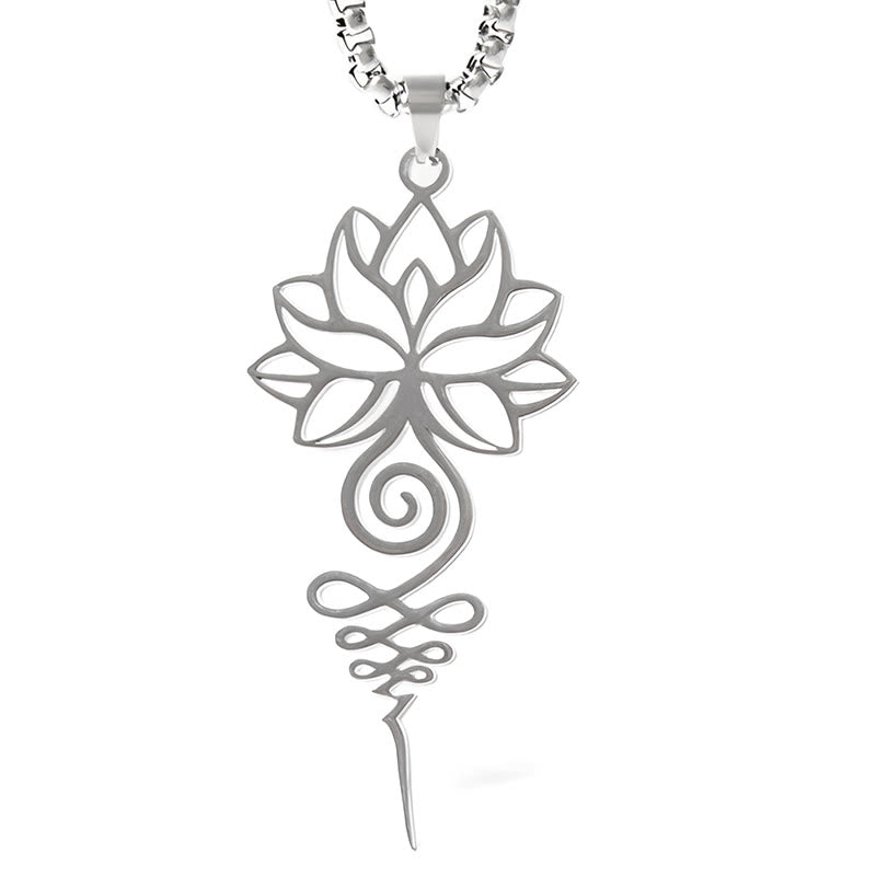 Collana con ciondolo dell'illuminazione in acciaio inossidabile, simbolo del chakra del loto di Buddha Stones Unalome - image 5