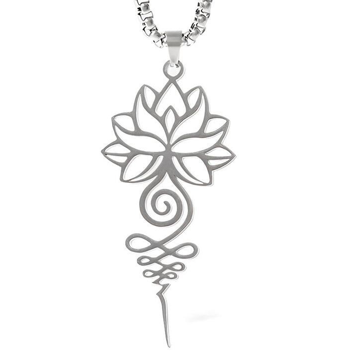 Collana con ciondolo dell'illuminazione in acciaio inossidabile, simbolo del chakra del loto di Buddha Stones Unalome - image 5