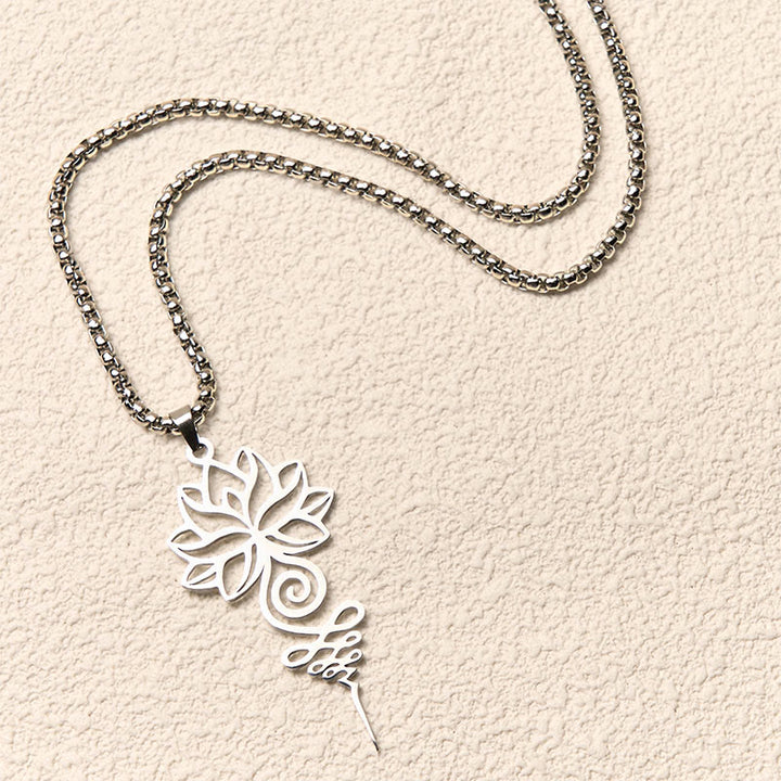 Collana con ciondolo dell'illuminazione in acciaio inossidabile, simbolo del chakra del loto di Buddha Stones Unalome - image 3
