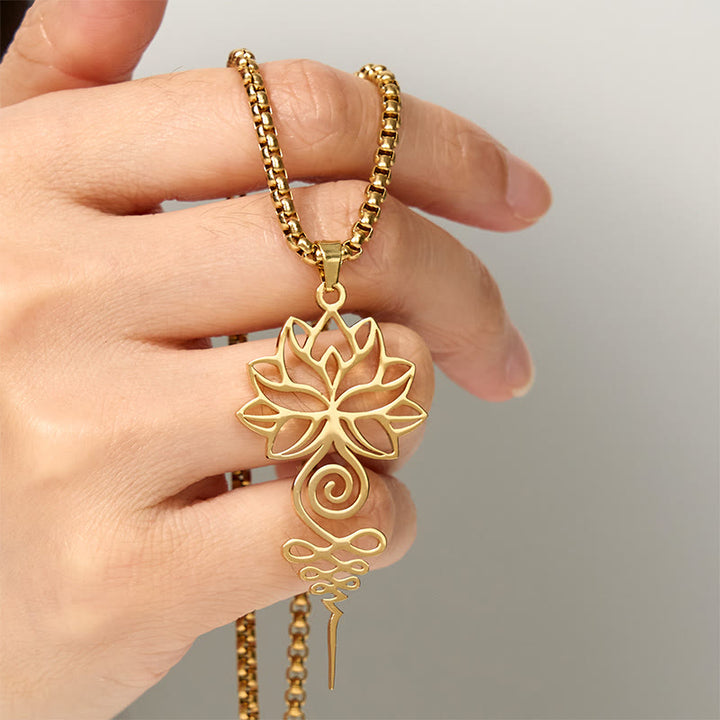 Collana con ciondolo dell'illuminazione in acciaio inossidabile, simbolo del chakra del loto di Buddha Stones Unalome - image 10