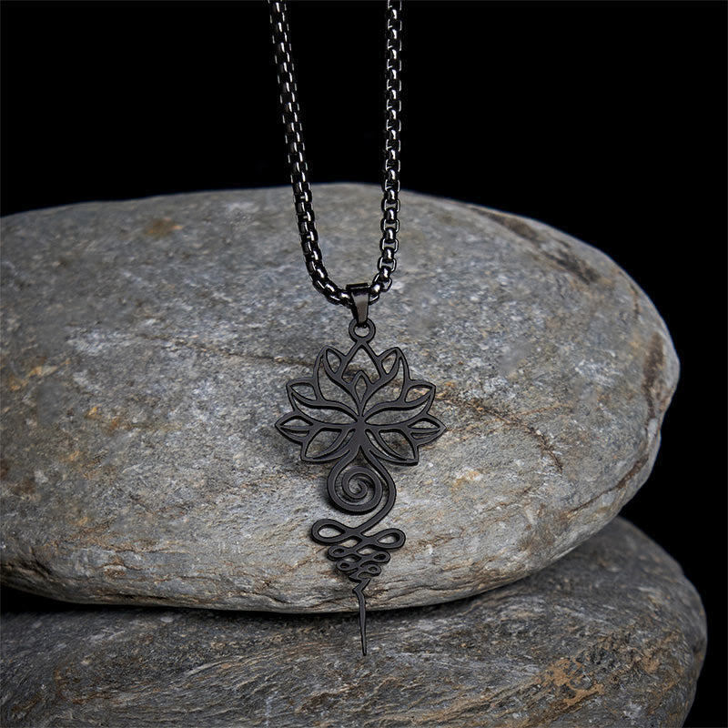Collana con ciondolo dell'illuminazione in acciaio inossidabile, simbolo del chakra del loto di Buddha Stones Unalome - Nero - image 12