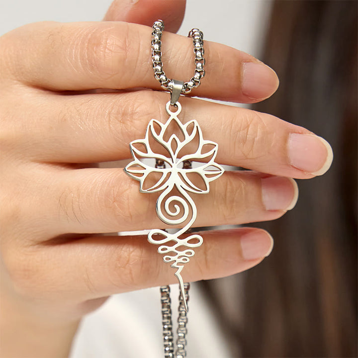 Collana con ciondolo dell'illuminazione in acciaio inossidabile, simbolo del chakra del loto di Buddha Stones Unalome - image 4