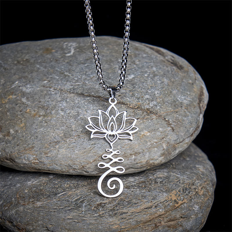 Collana con ciondolo dell'illuminazione in acciaio inossidabile con simbolo dei chakra Buddha Stones, design irregolare, loto - Argento - image 0