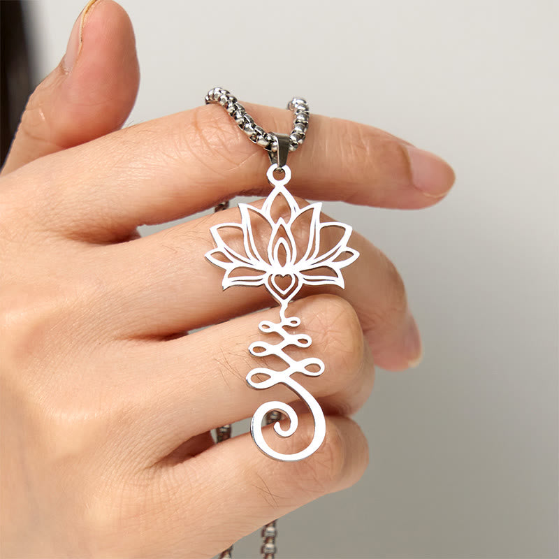 Collana con ciondolo dell'illuminazione in acciaio inossidabile con simbolo dei chakra Buddha Stones, design irregolare, loto - image 4