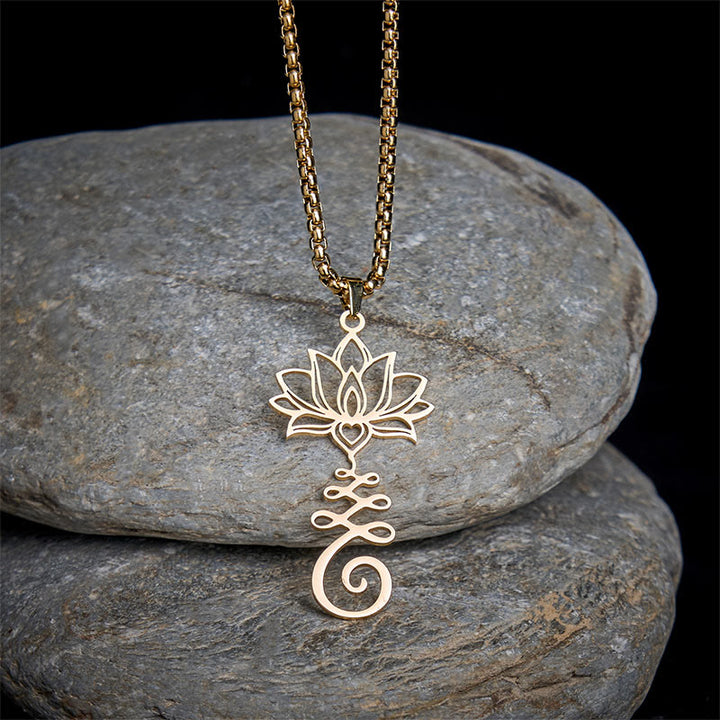 Collana con ciondolo dell'illuminazione in acciaio inossidabile con simbolo dei chakra Buddha Stones, design irregolare, loto - Oro - image 7