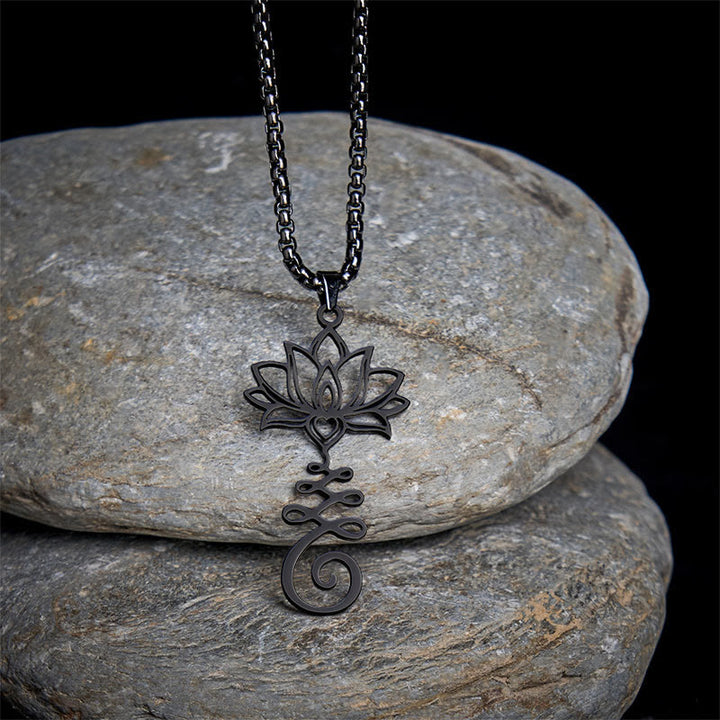 Collana con ciondolo dell'illuminazione in acciaio inossidabile con simbolo dei chakra Buddha Stones, design irregolare, loto - Nero - image 13