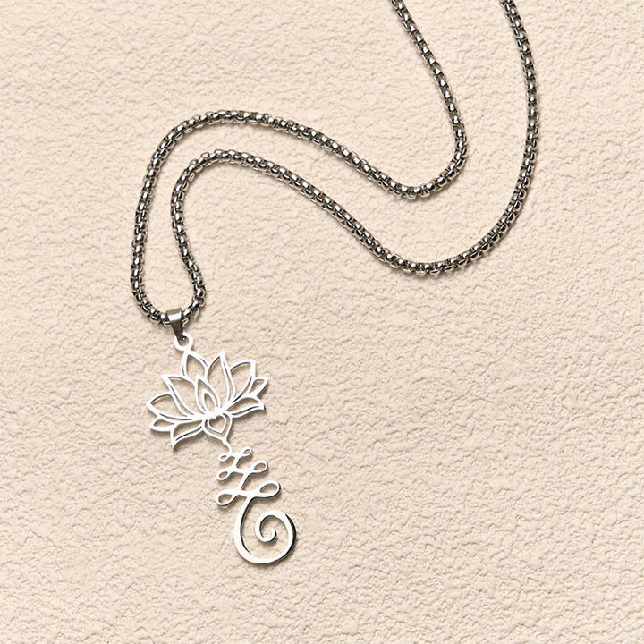 Collana con ciondolo dell'illuminazione in acciaio inossidabile con simbolo dei chakra Buddha Stones, design irregolare, loto - image 3