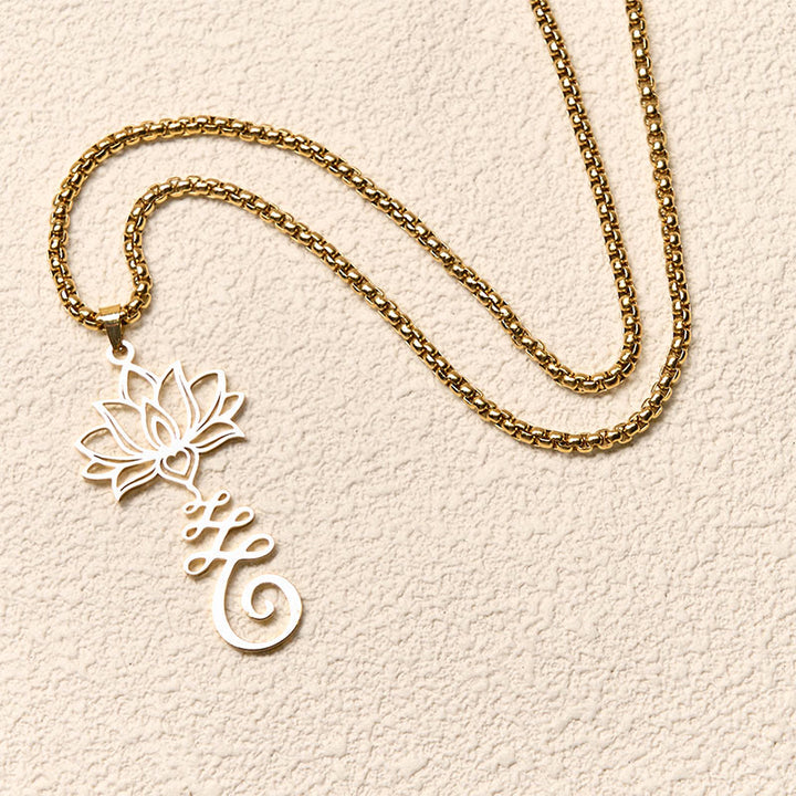 Collana con ciondolo dell'illuminazione in acciaio inossidabile con simbolo dei chakra Buddha Stones, design irregolare, loto - image 10