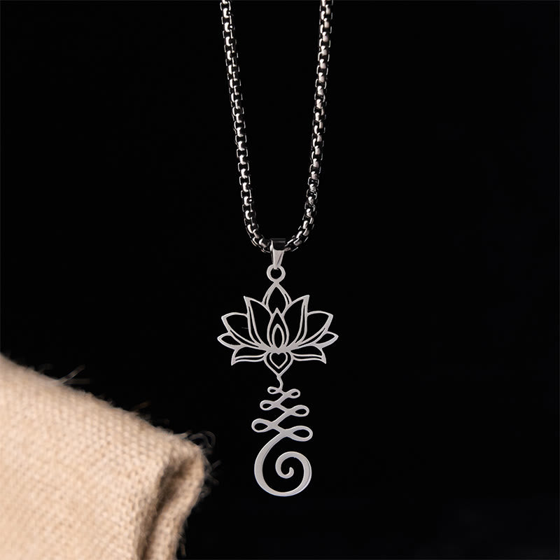 Collana con ciondolo dell'illuminazione in acciaio inossidabile con simbolo dei chakra Buddha Stones, design irregolare, loto - image 1