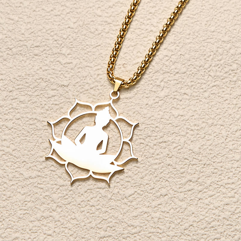 Collana con ciondolo dell'illuminazione in acciaio inossidabile con design vintage Buddha Stones Buddha seduto sul loto di Buddha - image 1