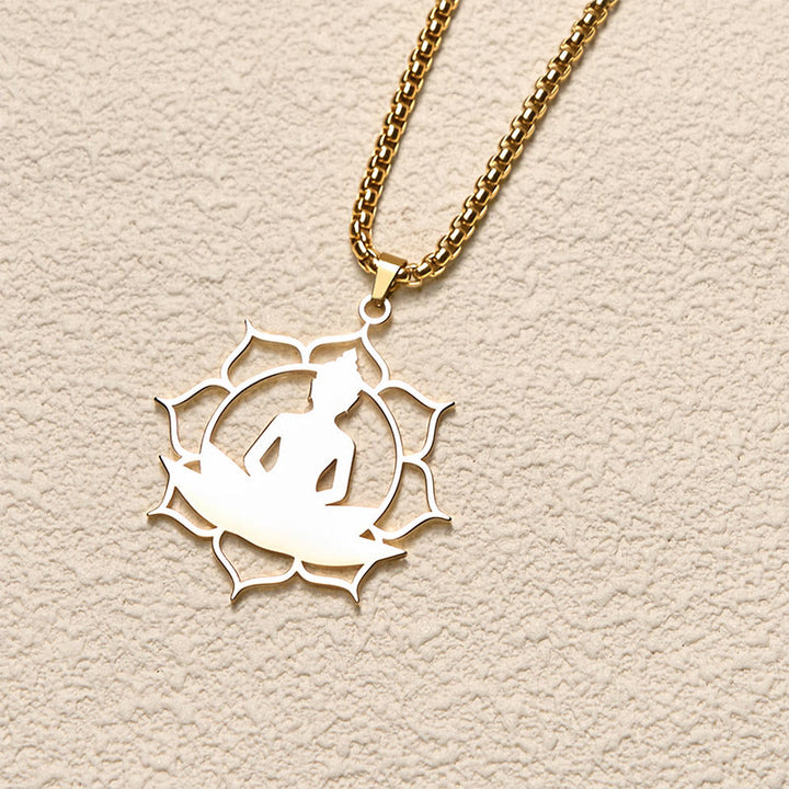Collana con ciondolo dell'illuminazione in acciaio inossidabile con design vintage Buddha Stones Buddha seduto sul loto di Buddha - image 1