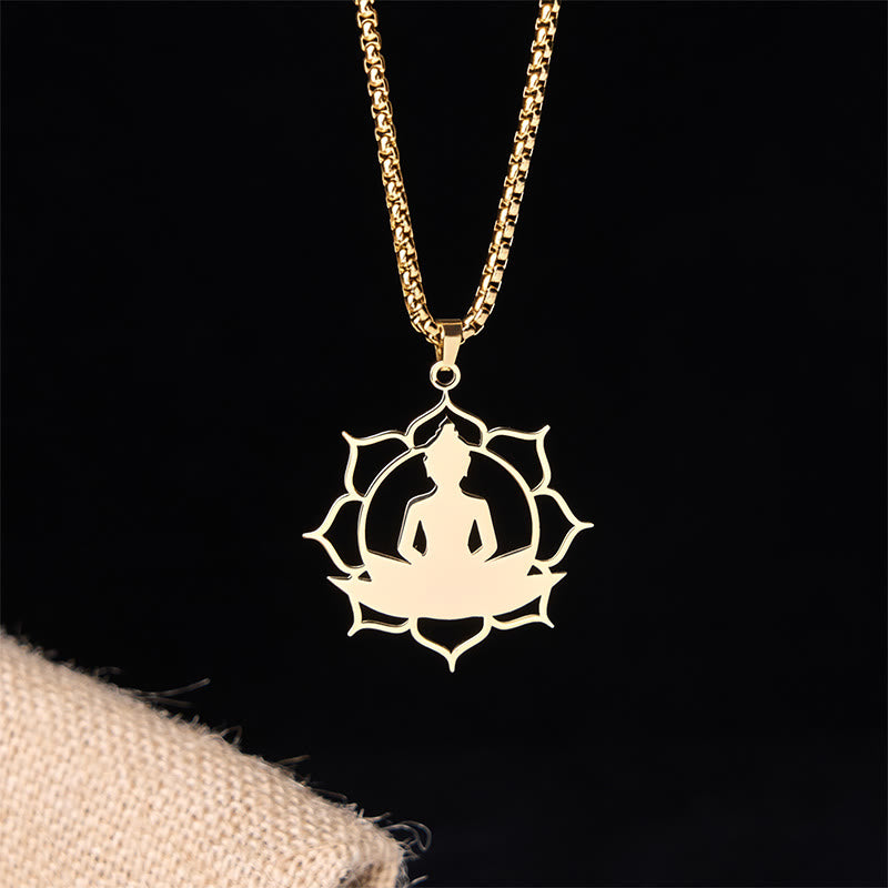 Collana con ciondolo dell'illuminazione in acciaio inossidabile con design vintage Buddha Stones Buddha seduto sul loto di Buddha - image 3