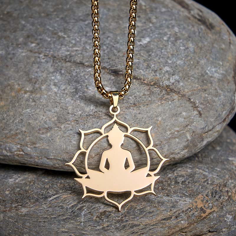 Collana con ciondolo dell'illuminazione in acciaio inossidabile con design vintage Buddha Stones Buddha seduto sul loto di Buddha - Oro - image 0