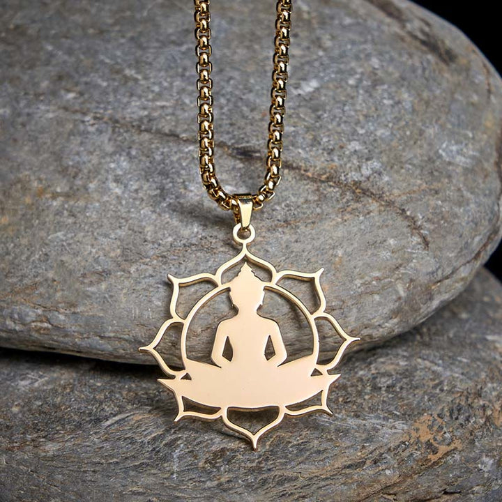 Collana con ciondolo dell'illuminazione in acciaio inossidabile con design vintage Buddha Stones Buddha seduto sul loto di Buddha - Oro - image 0