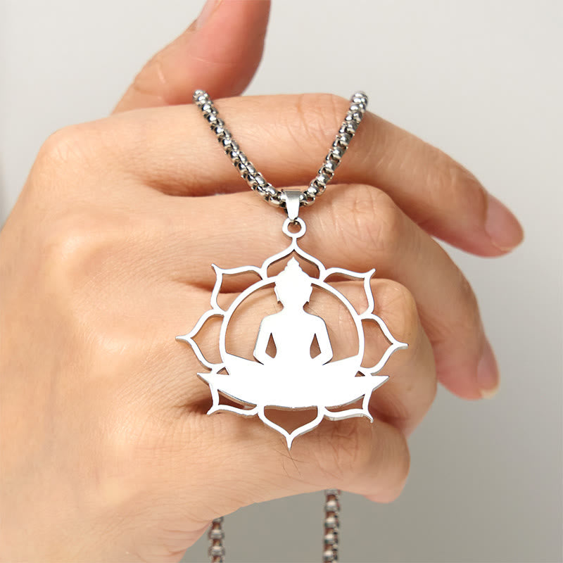 Collana con ciondolo dell'illuminazione in acciaio inossidabile con design vintage Buddha Stones Buddha seduto sul loto di Buddha - image 12