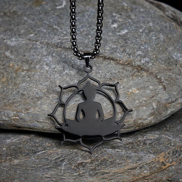 Collana con ciondolo dell'illuminazione in acciaio inossidabile con design vintage Buddha Stones Buddha seduto sul loto di Buddha - Nero - image 14