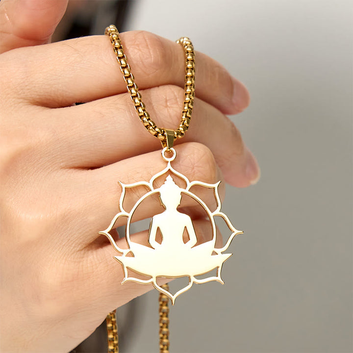Collana con ciondolo dell'illuminazione in acciaio inossidabile con design vintage Buddha Stones Buddha seduto sul loto di Buddha - image 4