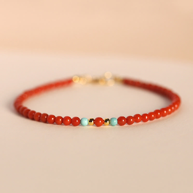 Braccialetto positivo con perline ultrasottili in agata rossa naturale del sud da 3 mm Buddha Stones - Agata rossa del sud e turchese da 3 mm (circonferenza del polso: 14-17 cm) - image 0
