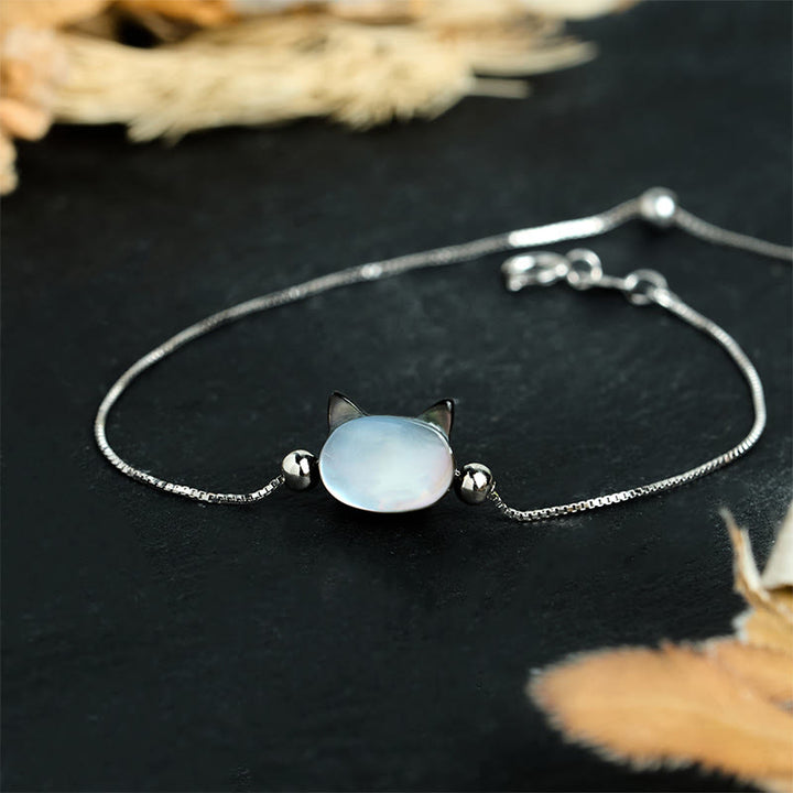 Buddha Stones Bracciale a catena con testa di gatto in argento sterling 925 con pietra tridacna - Pietra Tridacna nera - 17-22 cm - image 0