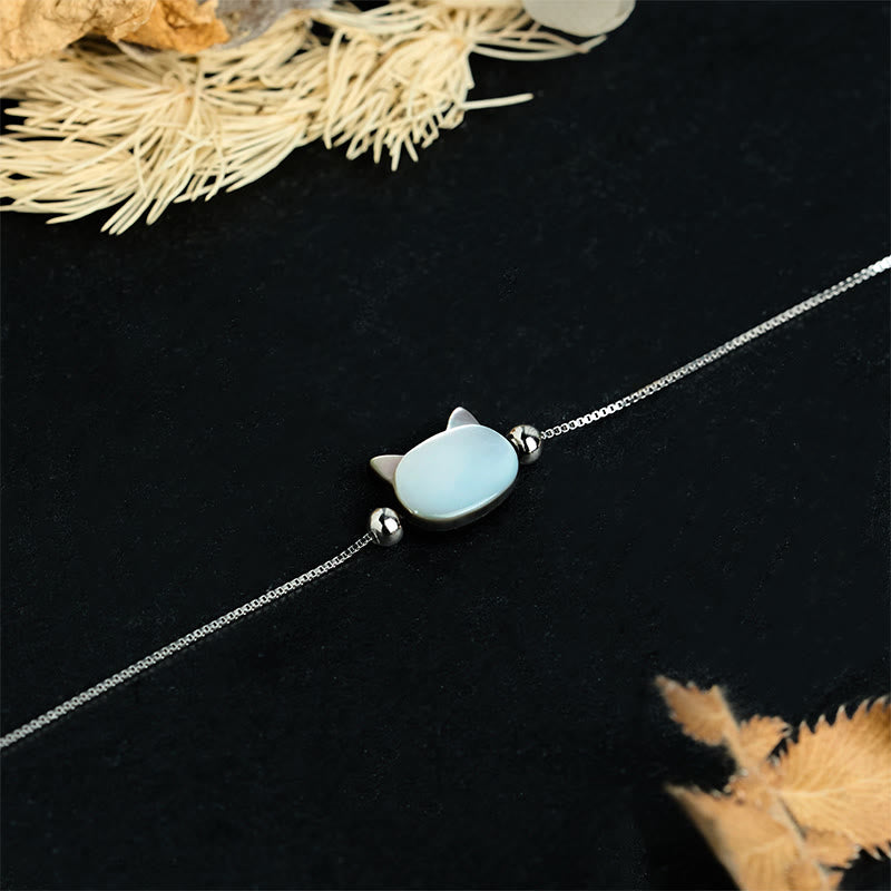 Buddha Stones Bracciale a catena con testa di gatto in argento sterling 925 con pietra tridacna - image 1