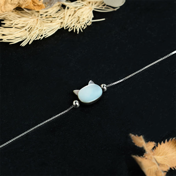 Buddha Stones Bracciale a catena con testa di gatto in argento sterling 925 con pietra tridacna - image 1