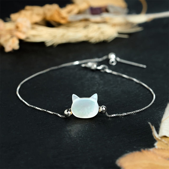 Buddha Stones Bracciale a catena con testa di gatto in argento sterling 925 con pietra tridacna - Pietra Tridacna bianca - 17-22 cm - image 8