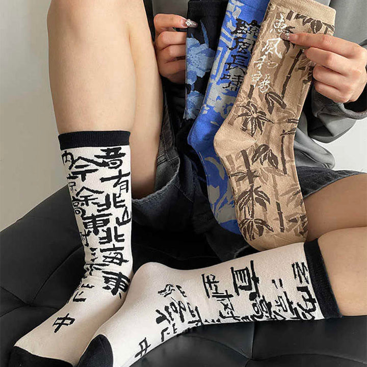 Calzini da donna in cotone micro con motivo floreale e calligrafia cinese Buddha Stones - image 29